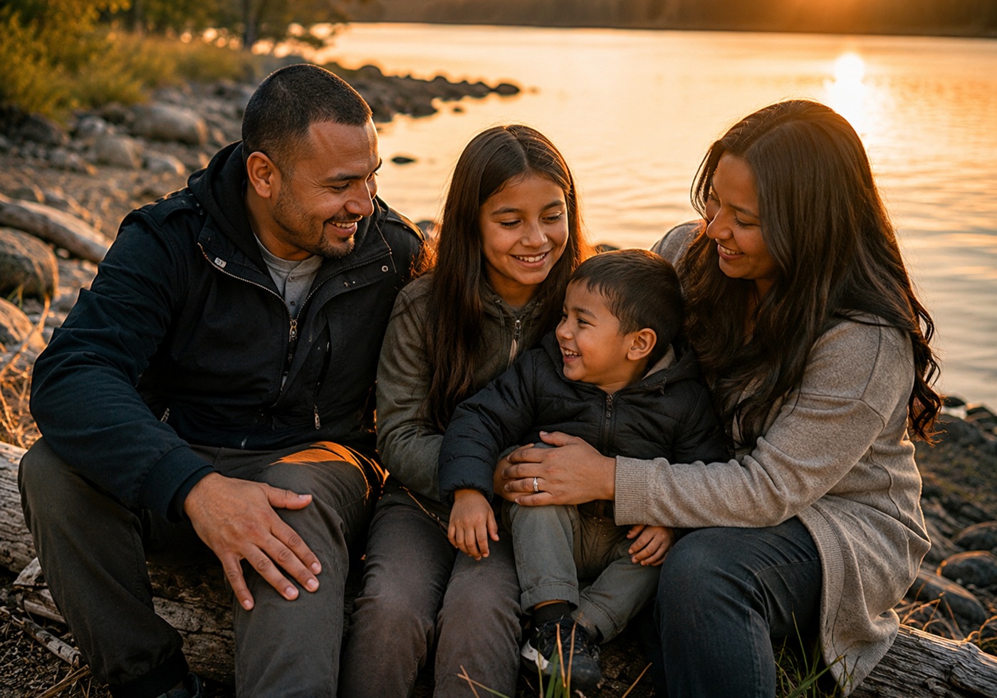 Indigenous family together near water